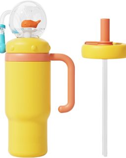 Drinking Cup with Whale Squirt, Stainless Steel Whale Fountain Tumbler, Whales Spray Straw Sippy Cups Water Bottle with Two Lids 24oz for Kids Adult, Yellow