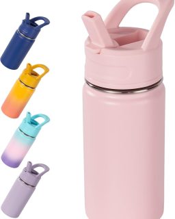 12oz Kids Water Bottle for School, Toddler Bottles with Straws, Stainless Steel Vacuum Insulated Water Bottle for Boys&Girls, Leak-Proof, BPA-Free, Pink