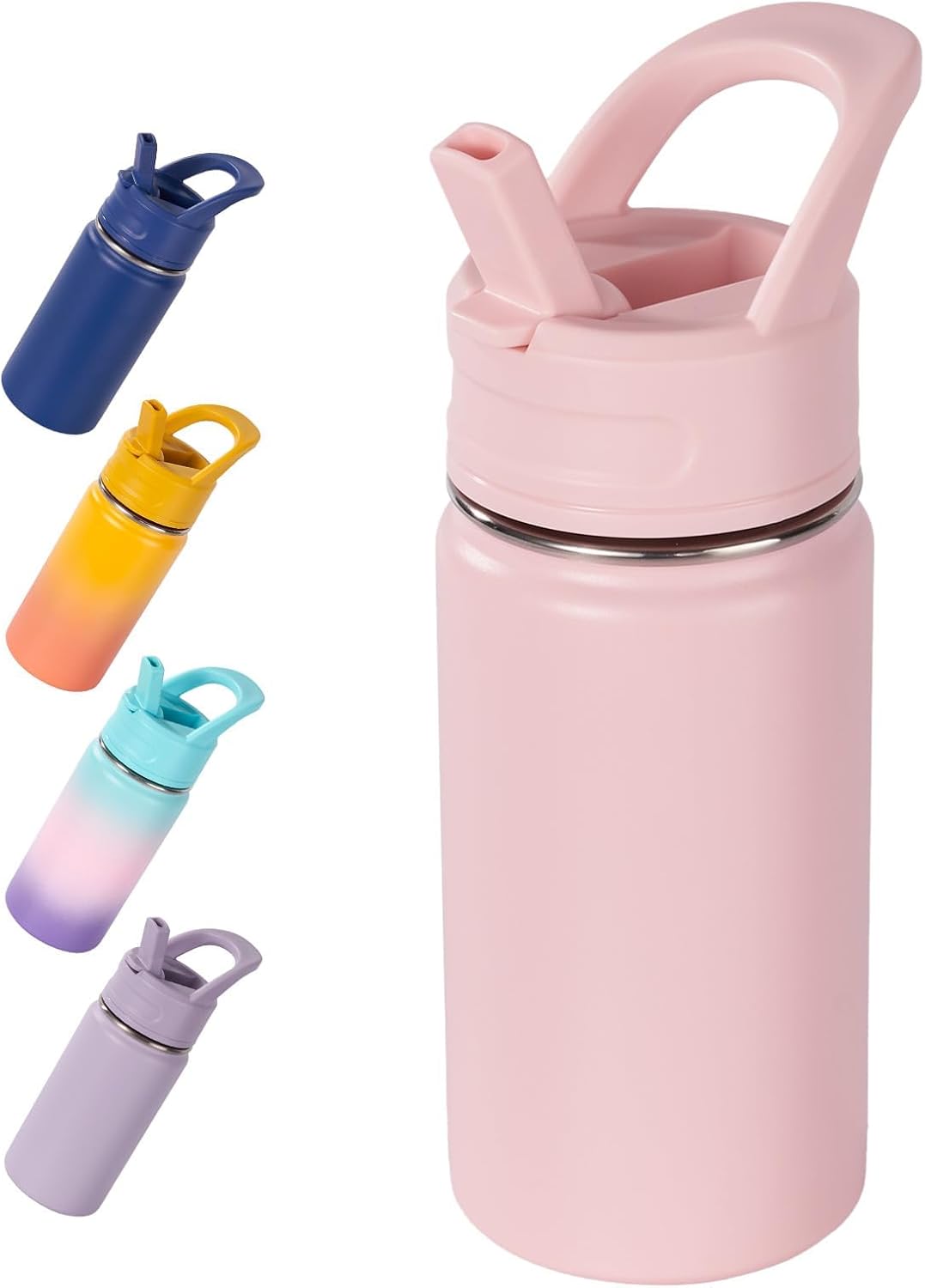 12oz Kids Water Bottle for School, Toddler Bottles with Straws, Stainless Steel Vacuum Insulated Water Bottle for Boys&Girls, Leak-Proof, BPA-Free, Pink