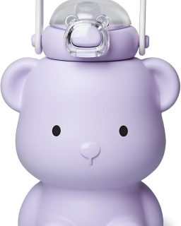 Bear Water Bottle for Girls, 16oz Cute Kawaii Teddy Bear Leak-Proof Stainless Steel Bottle with Straw & Strap, BPA-Free, Durable & Safe Drinking Cup, Gift for Kids & Girls (Purple)