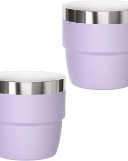 4 oz Espresso/Coffee Cup, Ceramic-Lined 18/8 Stainless Steel, Double-Wall Vacuum Insulated, Stackable, Dishwasher Safe, Fits Most Espresso Machines (Lilac, 2 Pack)