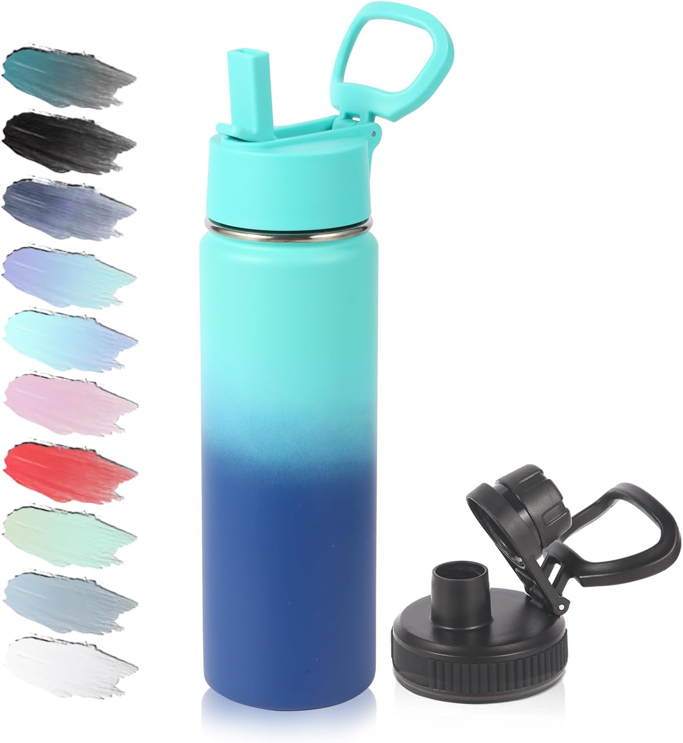 20oz Insulated Stainless Steel Water Bottle with Straw Lid,Kids Wide Mouth Double Wall Vacuum Cups with Handle,Reusable Outdoor Sports Metal Bottles,Travel Flask Keep Cold(Green Blue,1)