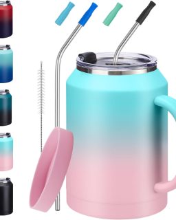 Insulated Tumbler with Lid and Straw - 50 oz Coffee Mugs w/Handle, Silicone Water Bottle Boot, Wide Mouth Stainless Steel Large Flask Jug, Office Home Work Travel Cup Keep Cold 36 Hrs