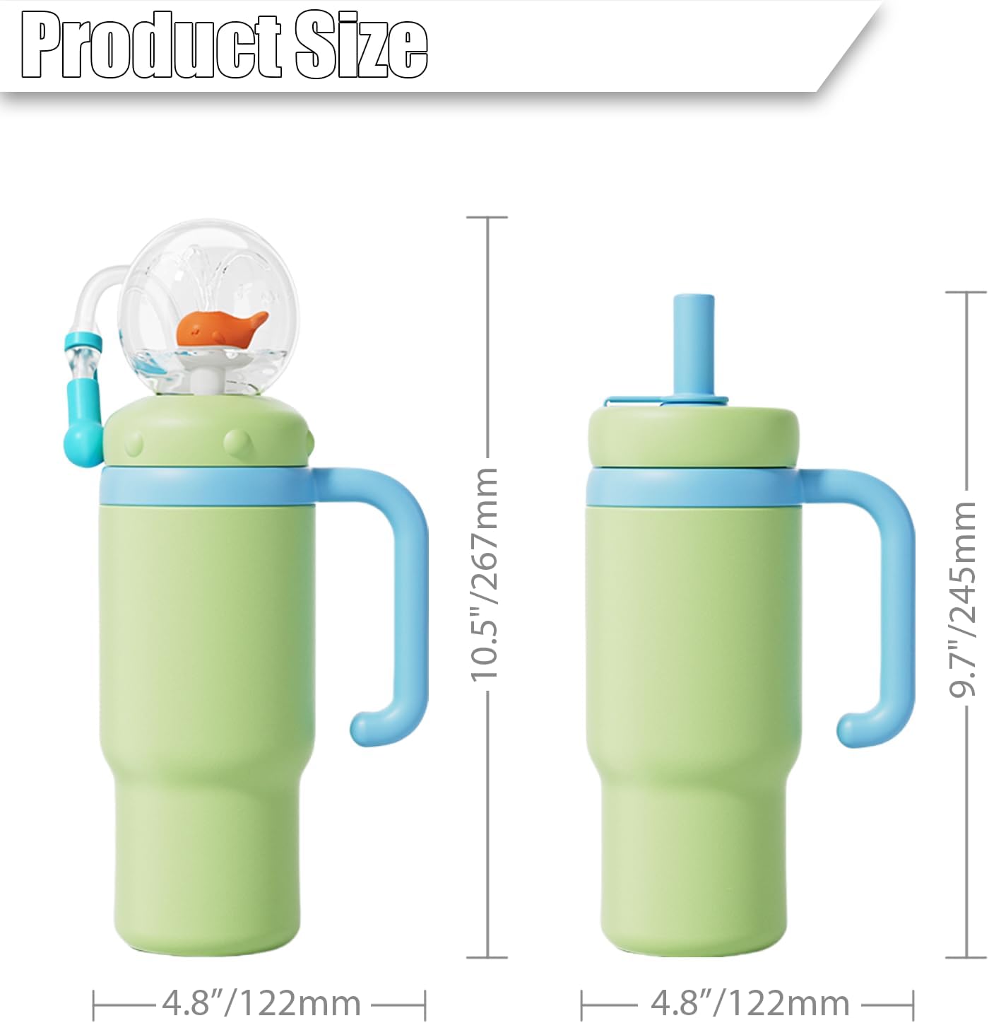 Drinking Cup with Whale Squirt, Stainless Steel Whale Fountain Tumbler, Whales Spray Straw Sippy Cups Water Bottle with Two Lids 24oz for Kids & Adults, Green - Image 2