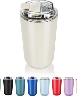 Insulated Tumblers with Lid, 14 oz Travel Coffee Mug Stainless Steel Vacuum Cup, Leak Proof Reusable Double Walled Coffee Tumbler for Iced and Hot Drinks, Cream
