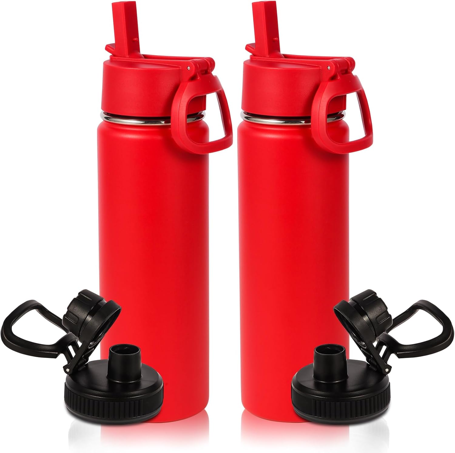 20oz Insulated Stainless Steel Water Bottle With Straw Lid Bulk 2 Pack,Kids Double Wall Vacuum Cups With Handle,Reusable Outdoor Sports Camping Metal Bottles,Travel Flask Keep Cold(Red,2)