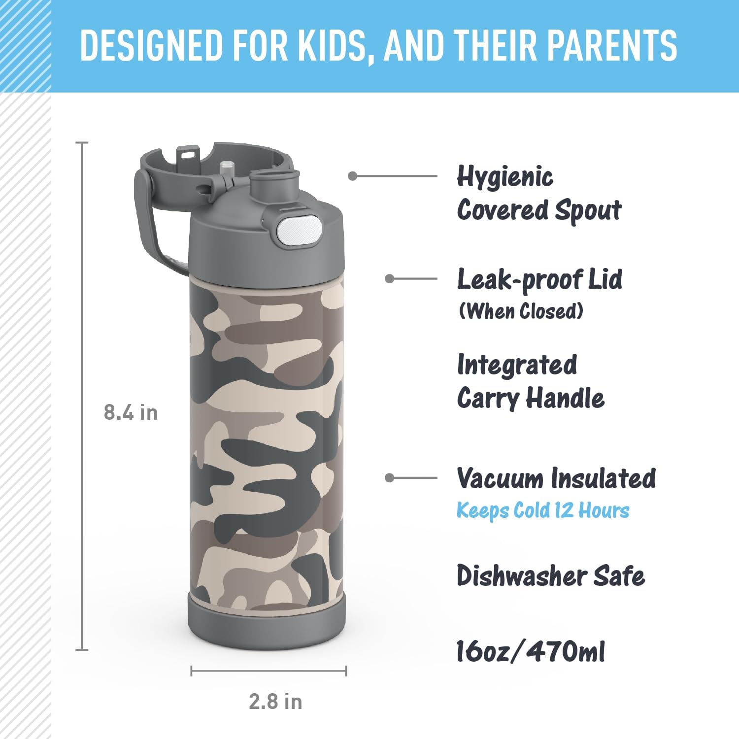 16 Ounce Stainless Steel Vacuum Insulated Bottle with Wide Spout Lid, Camo - Image 2