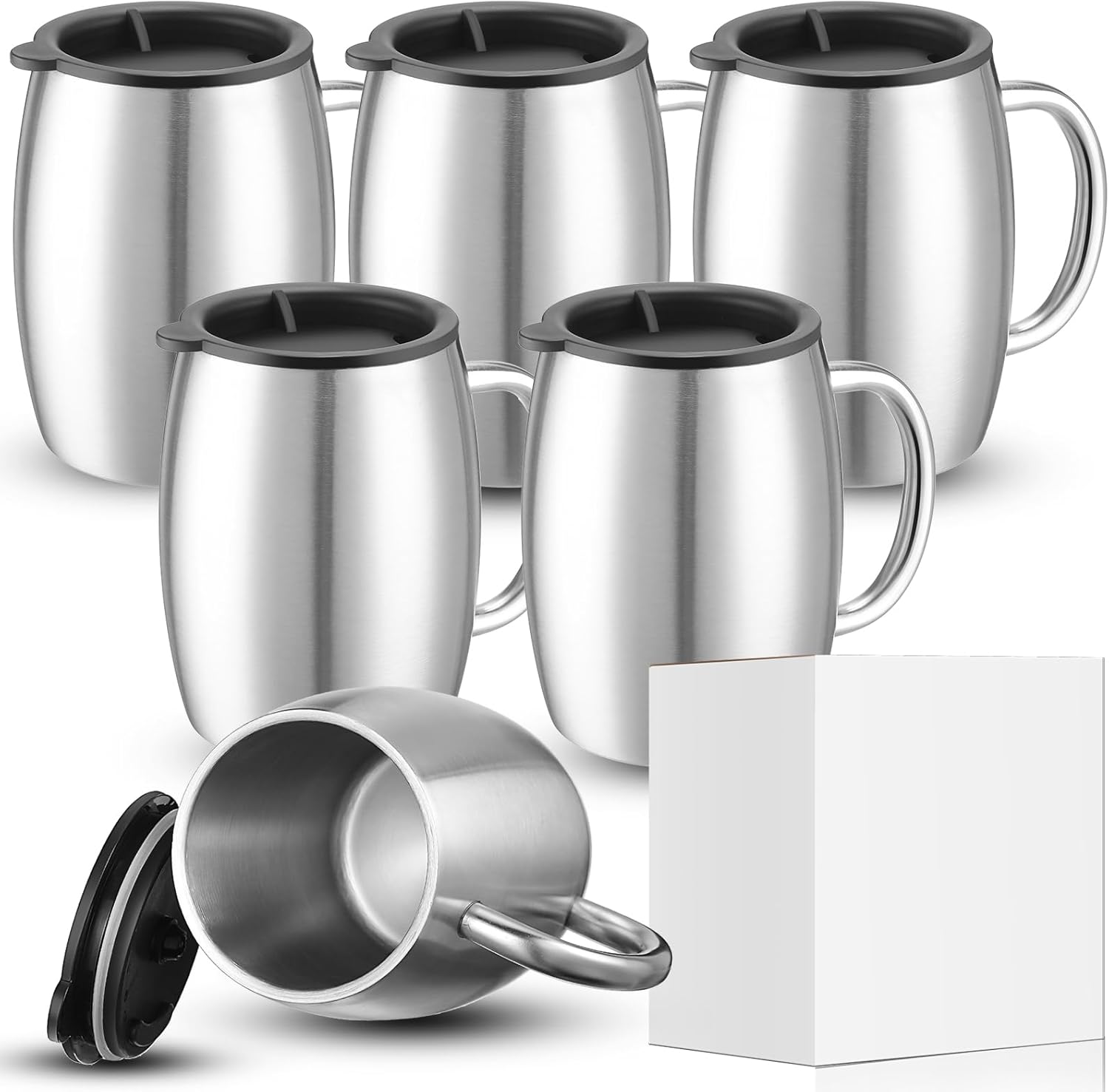 14 oz Insulated Stainless Steel Coffee Mug Spillproof with Lid Double Wall Travel Coffee Mug with Handle Shatterproof Metal Cups for Camping Outdoor Hot Tea Beer Cold Drink(Silver,6 Pack)