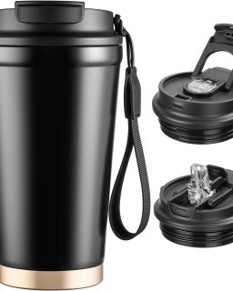 Insulated Travel Coffee Mug, 13oz Leakproof Coffee Tumblers With Strap & 2-In-1 Lids, Vacuum-Insulated Stainless Steel Reusable Coffee Cup For Hot & Cold Drinks(Black)