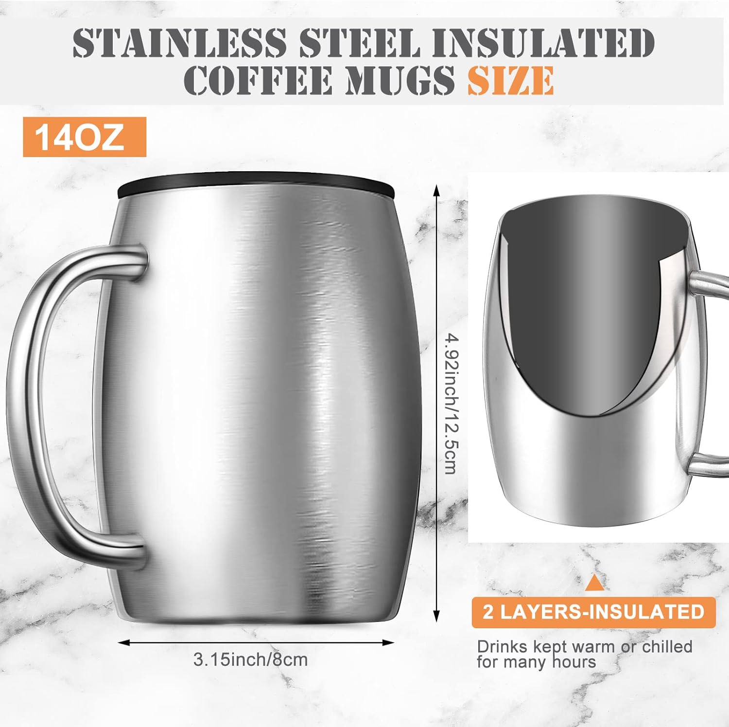 14 oz Insulated Stainless Steel Coffee Mug Spillproof with Lid Double Wall Travel Coffee Mug with Handle Shatterproof Metal Cups for Camping Outdoor Hot Tea Beer Cold Drink(Silver,6 Pack) - Image 2