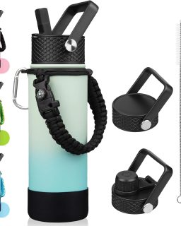 Insulated Water Bottle with Straw Lid, 22oz  Water Bottles with 3 Lids, Paracord Handle & Non-slip Boot, BPA Free Leak Proof Stainless Steel Tumblers, Cups,Mint