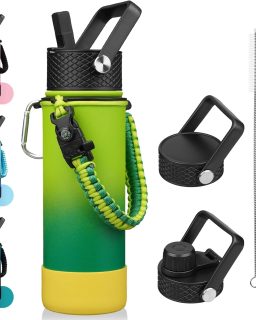 Insulated Water Bottle with Straw Lid, 22oz  Water Bottles with 3 Lids, Paracord Handle & Non-slip Boot, BPA Free Leak Proof Stainless Steel Tumblers,Bamboo Grove