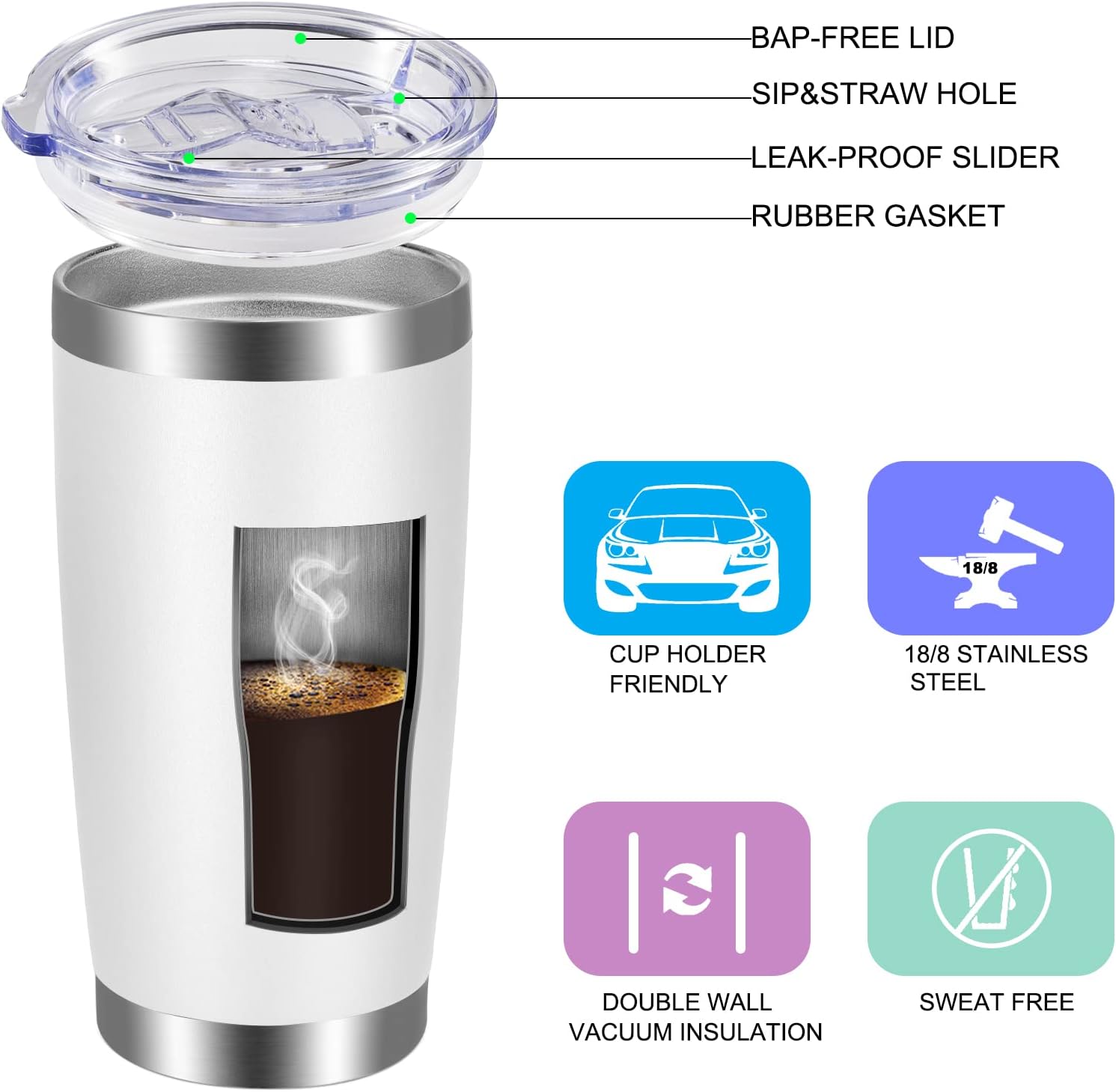 20oz Tumbler with Lid and Straw Stainless Steel Tumbler Cup Bulk Vacuum Insulated Double Wall Travel Coffee Mug Powder Coated Coffee Cup(White 6 Pack - Image 2