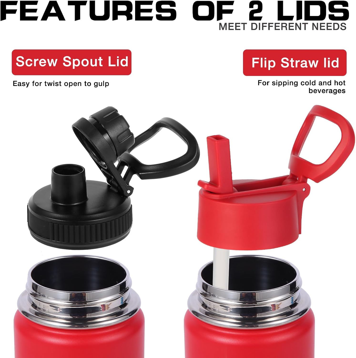 20oz Insulated Stainless Steel Water Bottle With Straw Lid Bulk 2 Pack,Kids Double Wall Vacuum Cups With Handle,Reusable Outdoor Sports Camping Metal Bottles,Travel Flask Keep Cold(Red,2) - Image 2