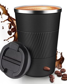 12OZ Travel Coffee Mug Insulated Coffee Cup with Spill Leak Proof Lid, Portable Stainless Steel Tumbler Reusable Hot and Cold Water Mug for Car, Daily, Camping-Black