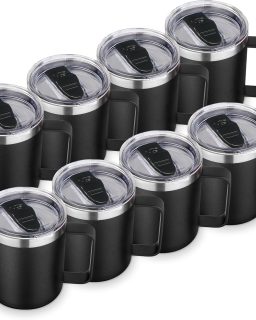 14oz Insulated Stainless Steel Coffee Mug with Lid Bulk 8 Pack,Double Wall Vacuum Travel Coffee Cup with Handle,Reusable Metal Cups Tumbler,Camping Mugs Keep Hot,Ideal Gifts(Black,8)