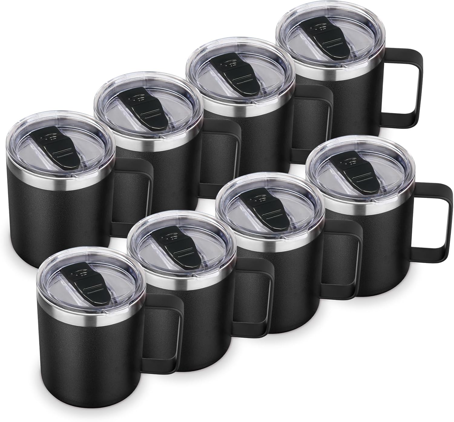 14oz Insulated Stainless Steel Coffee Mug with Lid Bulk 8 Pack,Double Wall Vacuum Travel Coffee Cup with Handle,Reusable Metal Cups Tumbler,Camping Mugs Keep Hot,Ideal Gifts(Black,8)