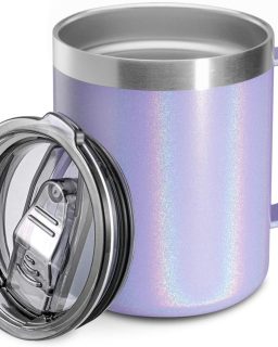 12oz Stainless Steel Insulated Coffee Mug with Handle, Double Wall Vacuum Travel Mug, Tumbler Cup with Sliding Lid, GLITTER LAVENDER