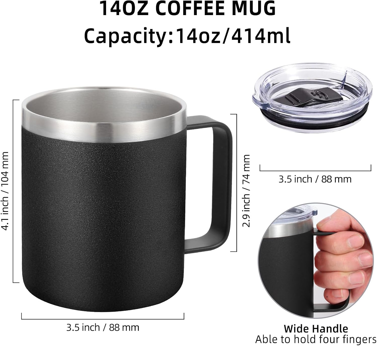 14oz Insulated Stainless Steel Coffee Mug with Lid Bulk 8 Pack,Double Wall Vacuum Travel Coffee Cup with Handle,Reusable Metal Cups Tumbler,Camping Mugs Keep Hot,Ideal Gifts(Black,8) - Image 2