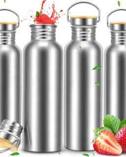 4 Pieces Camping Water Bottle Stainless Steel Large Metal Water Bottle with Handle and Bamboo Lid Leakproof Lightweight Single Wall Stainless Steel Sports Water Bottle (34 oz)