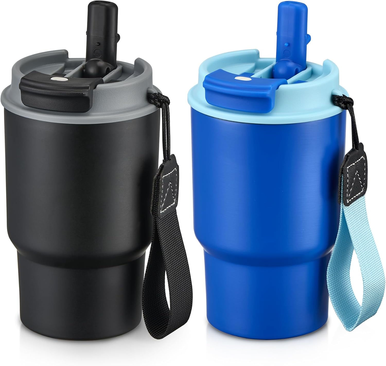 13.5oz Kids Insulated Tumbler with Lid and Straw, BPA-Free Stainless Steel Kids Water Bottle, Leak-Proof& Cupholder Friendly Tumbler for Boys & Girls -2 Pack(Blue+Black)