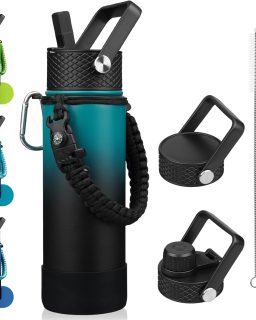 Insulated Water Bottle with Straw Lid, 22oz  Water Bottles with 3 Lids, Paracord Handle & Non-slip Boot, BPA Free Leak Proof Stainless Steel Tumblers,Army Green & Black