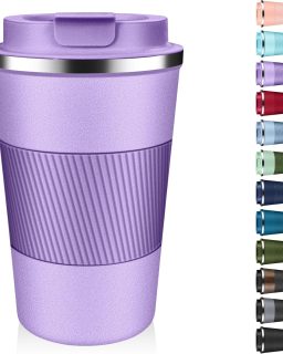 Insulated Coffee Tumbler 12 oz, Stainless Steel Coffee Mug with Lids, Travel Coffee Mug Leak Proof, Double Wall Vacuum Insulated Reusable Coffee Cup, Keep Drinks Hot and Cold (Lavender, 12 Ounces)